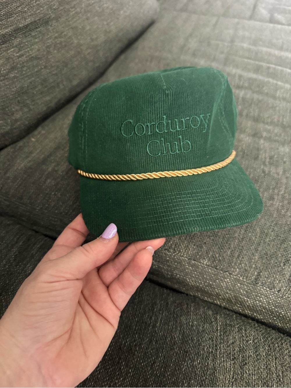Corduroy Club Green Corduroy Hat with Gold Rope adjustable style leather strap